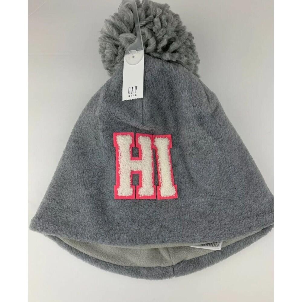 GAP Kids Fleece Pompm Hat Heather Gray with HI Emproidery Size L/XL